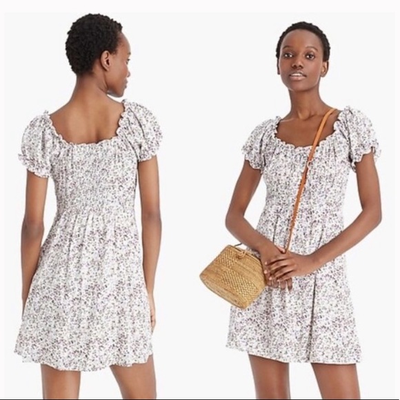 J. Crew Puff Sleeve Peasant Mini Dress in Soft Rayon, Peach Multi Floral, Size 2 - Picture 2 of 11